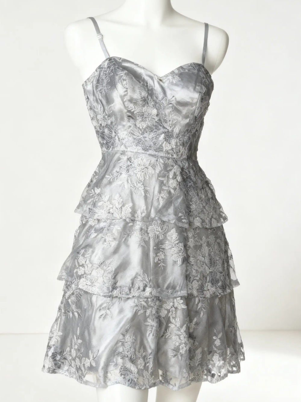 BCX Silver Lace Tiered Cocktail Dress